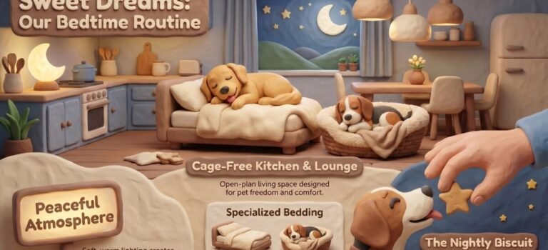 Doggie Faire BnB cage-free bedtime routine showing dogs settled on raised beds and nesting baskets in a warm home kitchen and lounge, Quercy, South West France