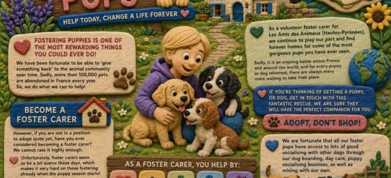 Foster Pups infographic from Doggie Faire BnB — promoting dog fostering and adoption with Les Amis des Animaux in South West France, Quercy.