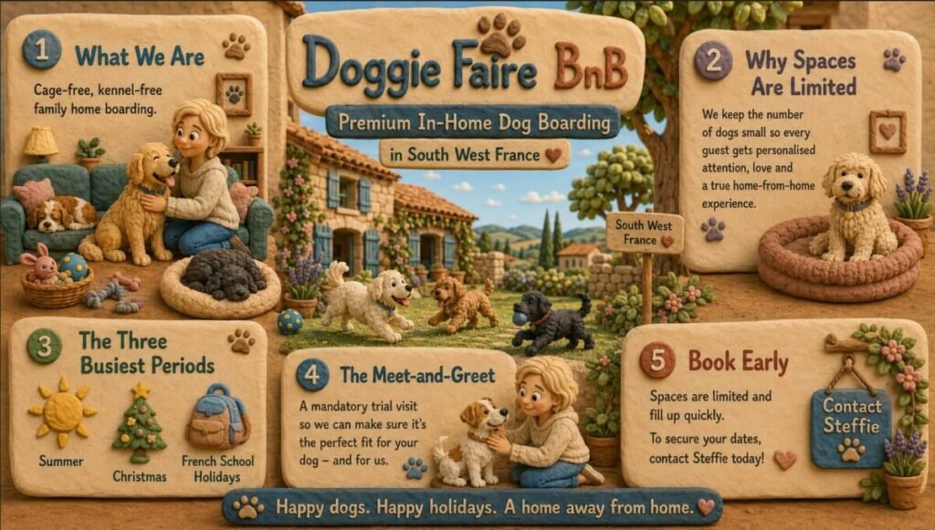 Infographic showing common dog stress signals including tucked tails, flattened ears and excessive yawning, with tips on early detection from Doggie Faire BnB in-home dog boarding, Quercy, South West France