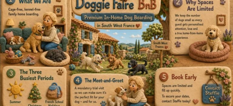 Doggie Faire BnB premium in-home dog boarding in South West France — cage-free family home boarding with limited spaces, the Meet-and-Greet process and the three busiest holiday booking periods in the Quercy
