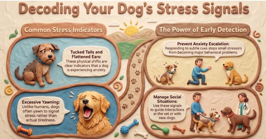 Infographic decoding common dog stress signals including tucked tails, flattened ears and excessive yawning, with early detection tips from Doggie Faire BnB in-home dog boarding in the Quercy, South West France