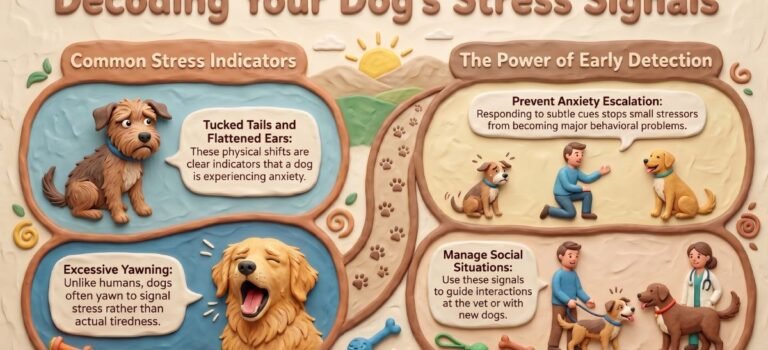 Infographic decoding common dog stress signals including tucked tails, flattened ears and excessive yawning, with early detection tips from Doggie Faire BnB in-home dog boarding in the Quercy, South West France