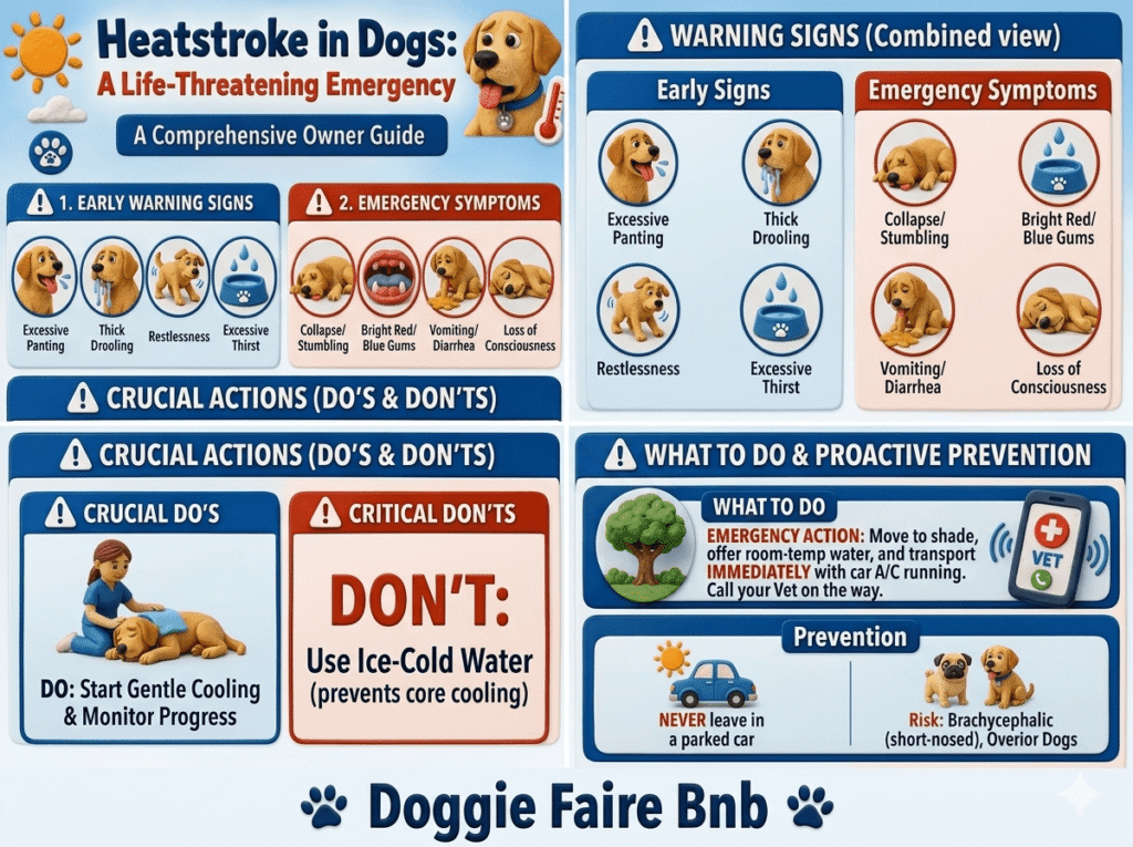Infographic by Doggie Faire Bnb on the signs and first aid for heatstroke in dogs.