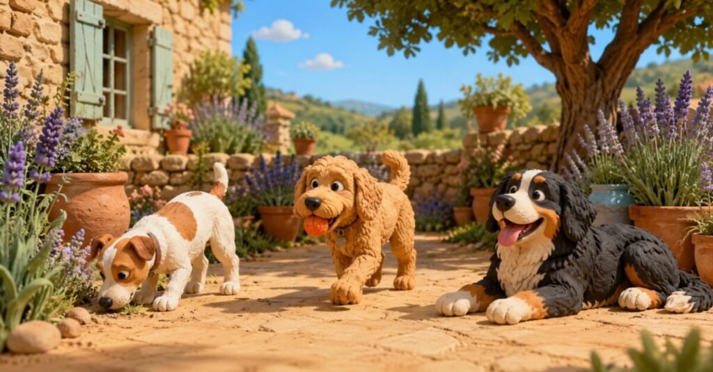 Three happy clay-style dogs playing in a sunny French country garden at Doggie Faire BnB, Quercy Region, South West France