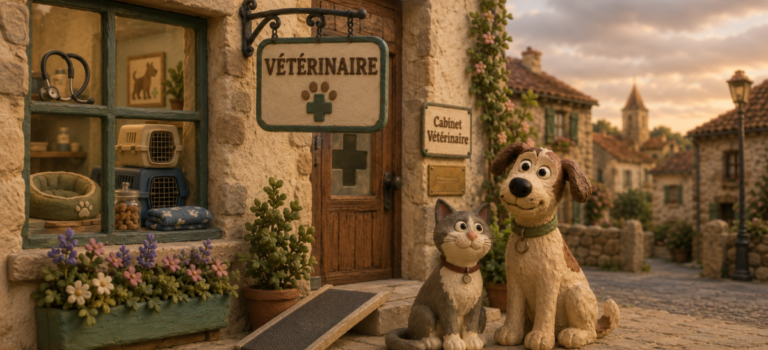 Claymation-style illustration of a village veterinary clinic with a cat and dog sitting outside the front door