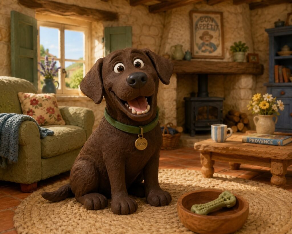 Chocolate Labrador with a dental chew toy in a cosy home setting, illustrating dog dental health