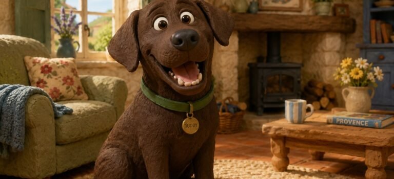Chocolate Labrador with a dental chew toy in a cosy home setting, illustrating dog dental health