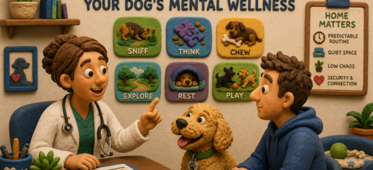 illustration of a veterinarian discussing dog mental health and enrichment with a pet owner.