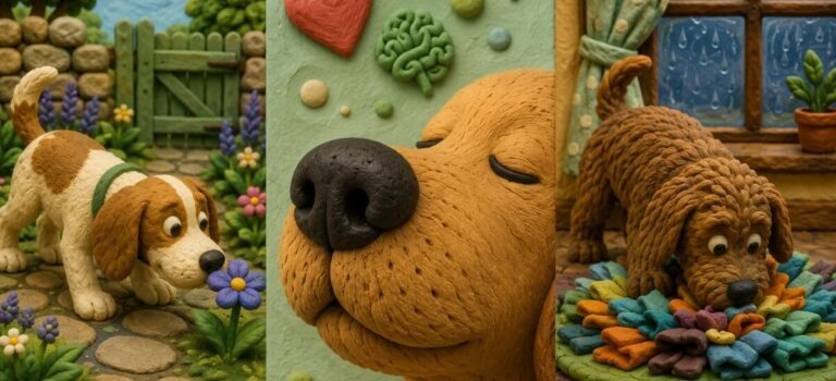 Stop Hurrying Your Dog: Why Sniffaris Beat 10,000 Steps Claymation-style dog sniffing along a garden path during a slow sniffari walk