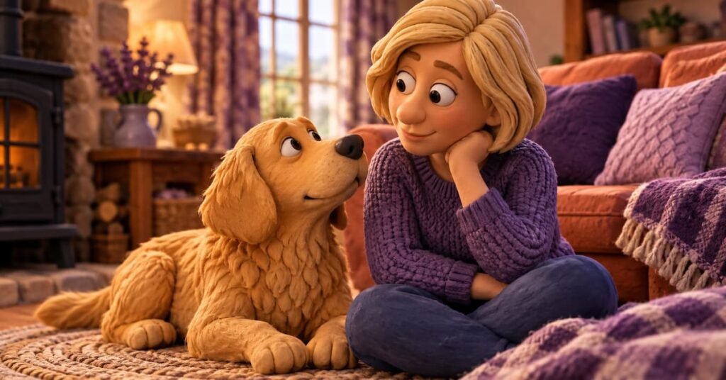 Woman studying her golden retriever's attentive gaze, illustrating how dogs read human emotions