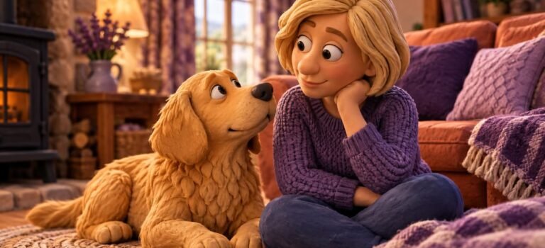 Woman studying her golden retriever's attentive gaze, illustrating how dogs read human emotions
